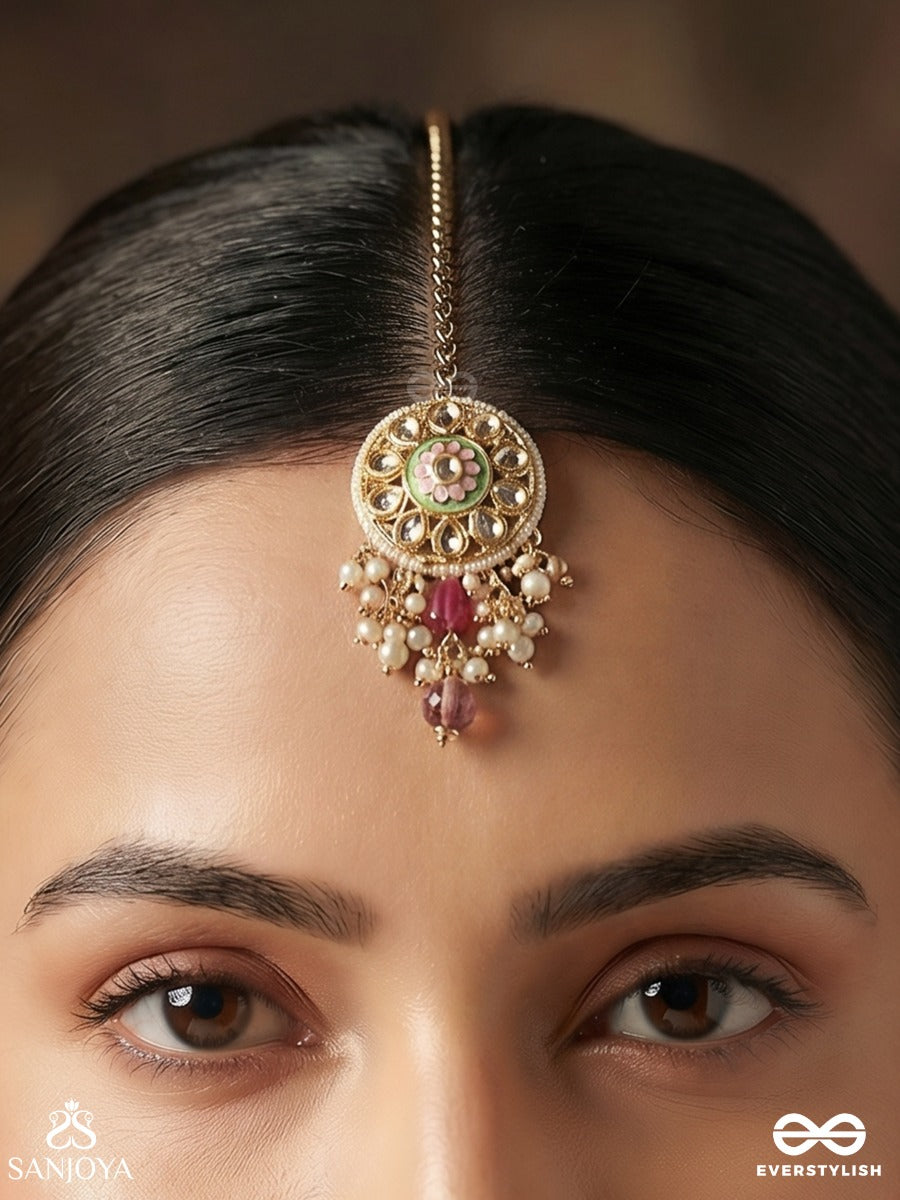 Padmavarti - Lotus Disc - Delicate Maangtika With Enamelled Medallion, Polki Accents And Ruby Drop Fringe