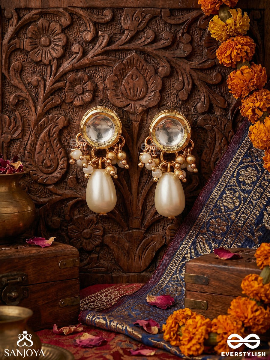 Muktavallari - Pearl Cascade - Elegant Earrings With Ornamental Top, Clustered Pearl Detail And Single Dangler