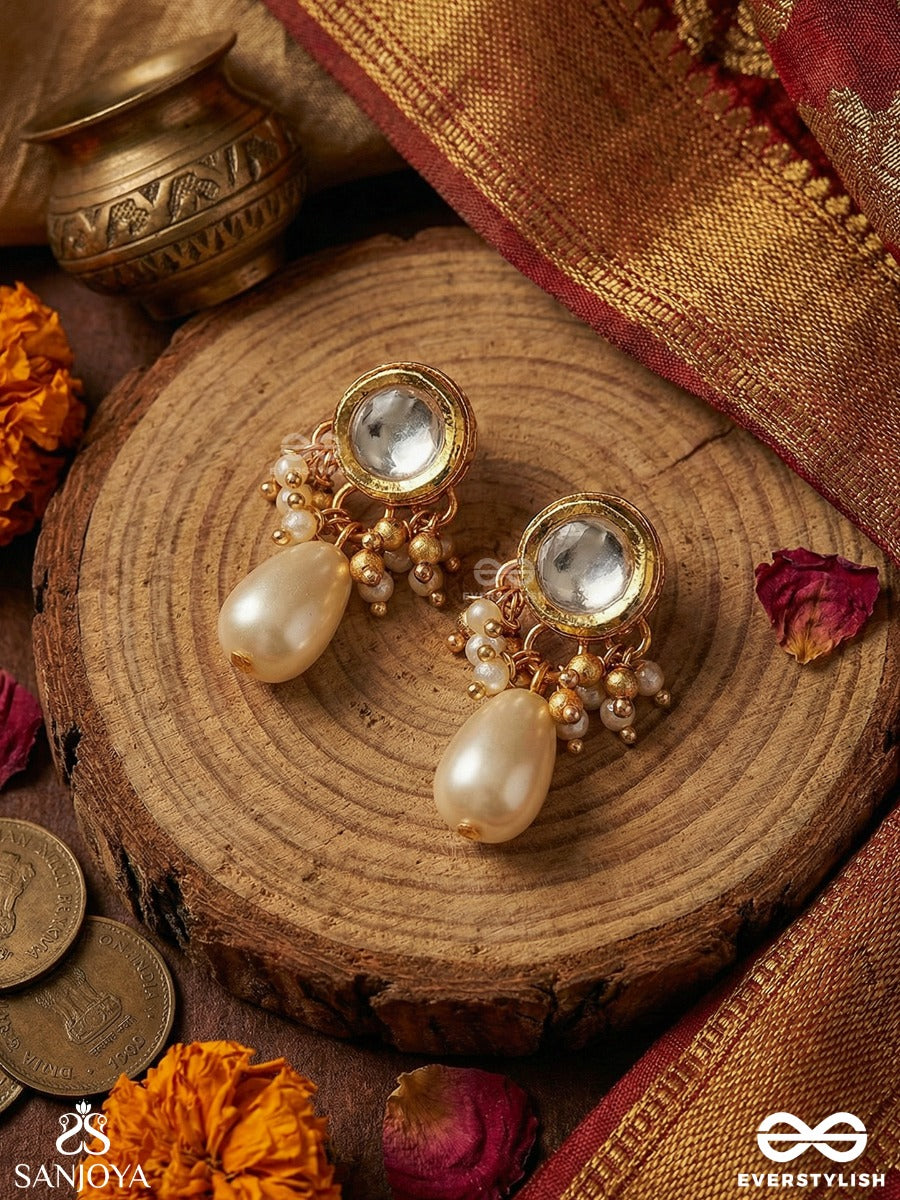 Muktavallari - Pearl Cascade - Elegant Earrings With Ornamental Top, Clustered Pearl Detail And Single Dangler