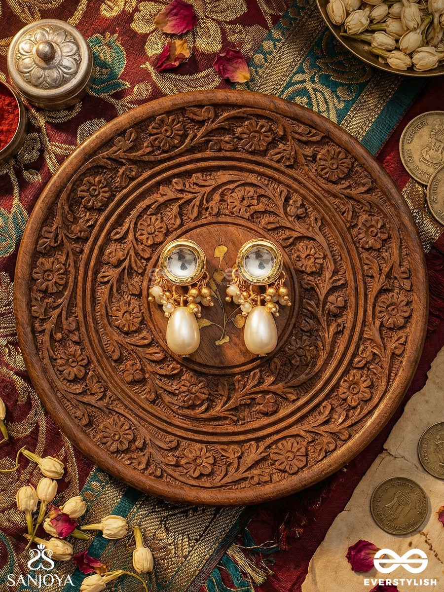 Muktavallari - Pearl Cascade - Elegant Earrings With Ornamental Top, Clustered Pearl Detail And Single Dangler