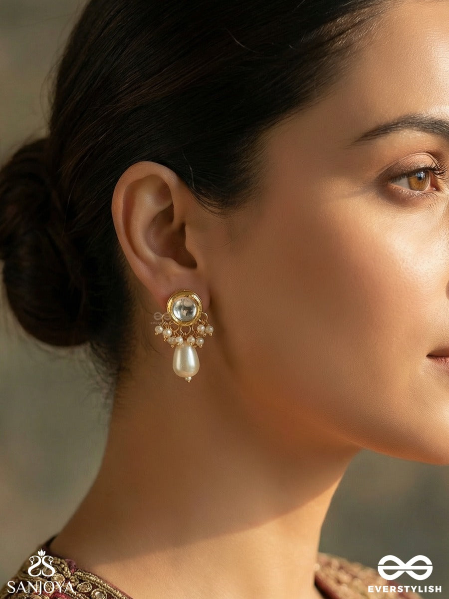 Muktavallari - Pearl Cascade - Elegant Earrings With Ornamental Top, Clustered Pearl Detail And Single Dangler