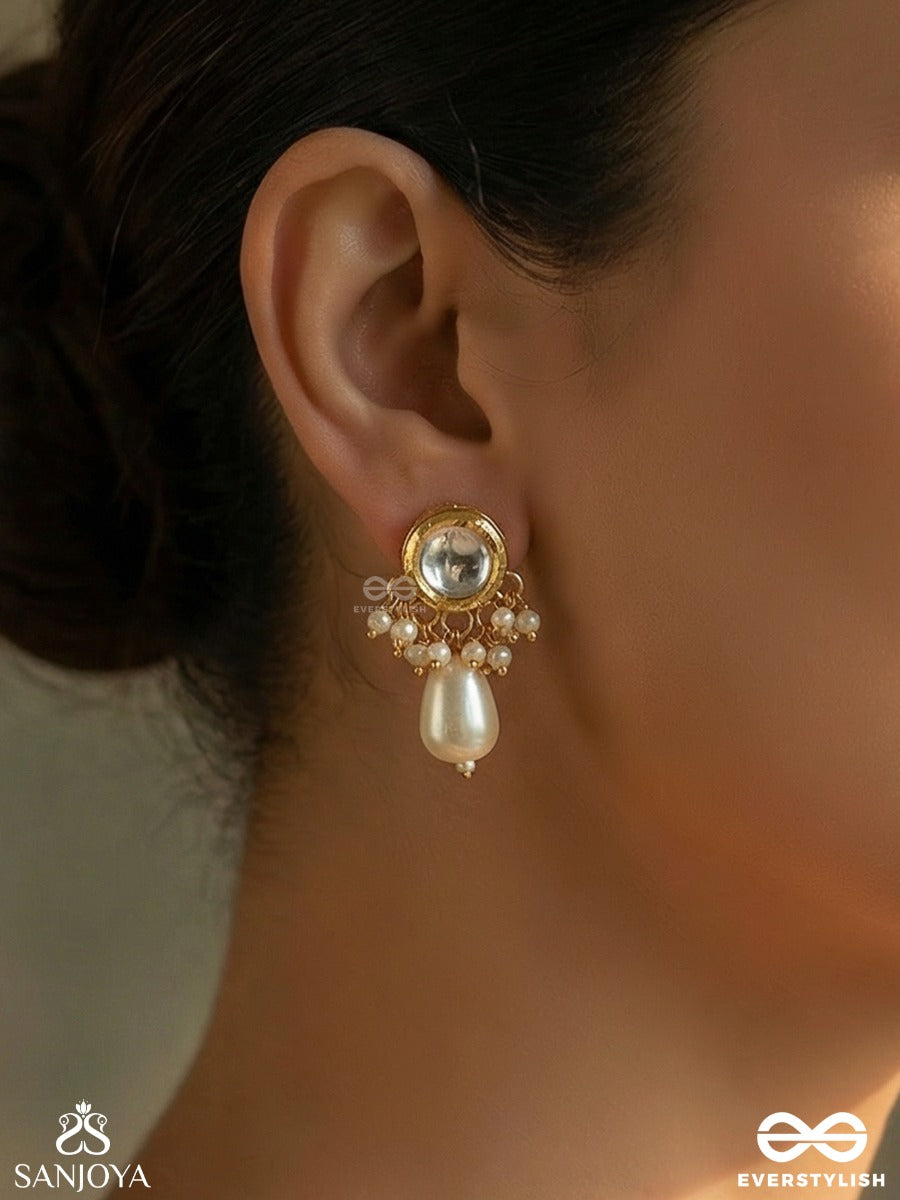 Muktavallari - Pearl Cascade - Elegant Earrings With Ornamental Top, Clustered Pearl Detail And Single Dangler