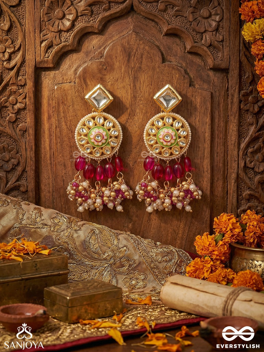 Padmavarti - Lotus Disc - Ornate Earrings With Enamelled Medallion, Polki Details And Ruby-Toned Danglers