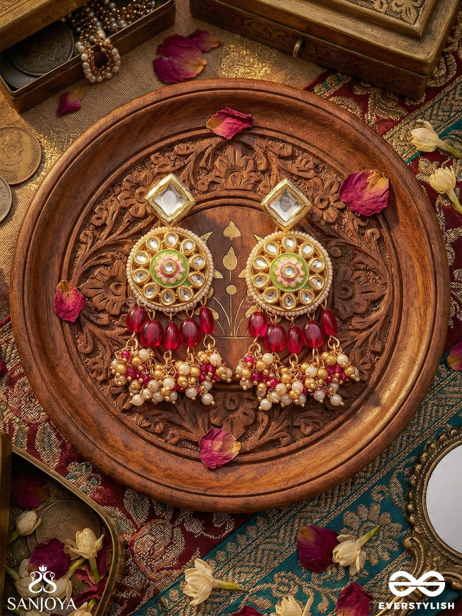 Padmavarti - Lotus Disc - Ornate Earrings With Enamelled Medallion, Polki Details And Ruby-Toned Danglers