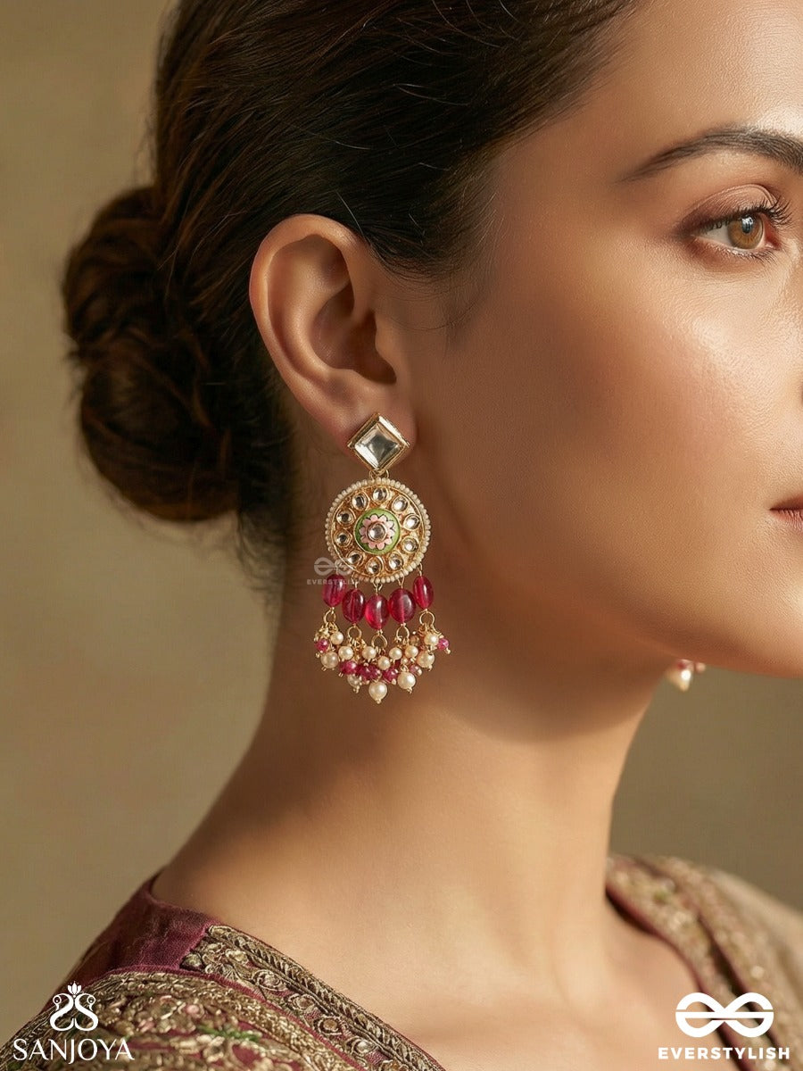 Padmavarti - Lotus Disc - Ornate Earrings With Enamelled Medallion, Polki Details And Ruby-Toned Danglers