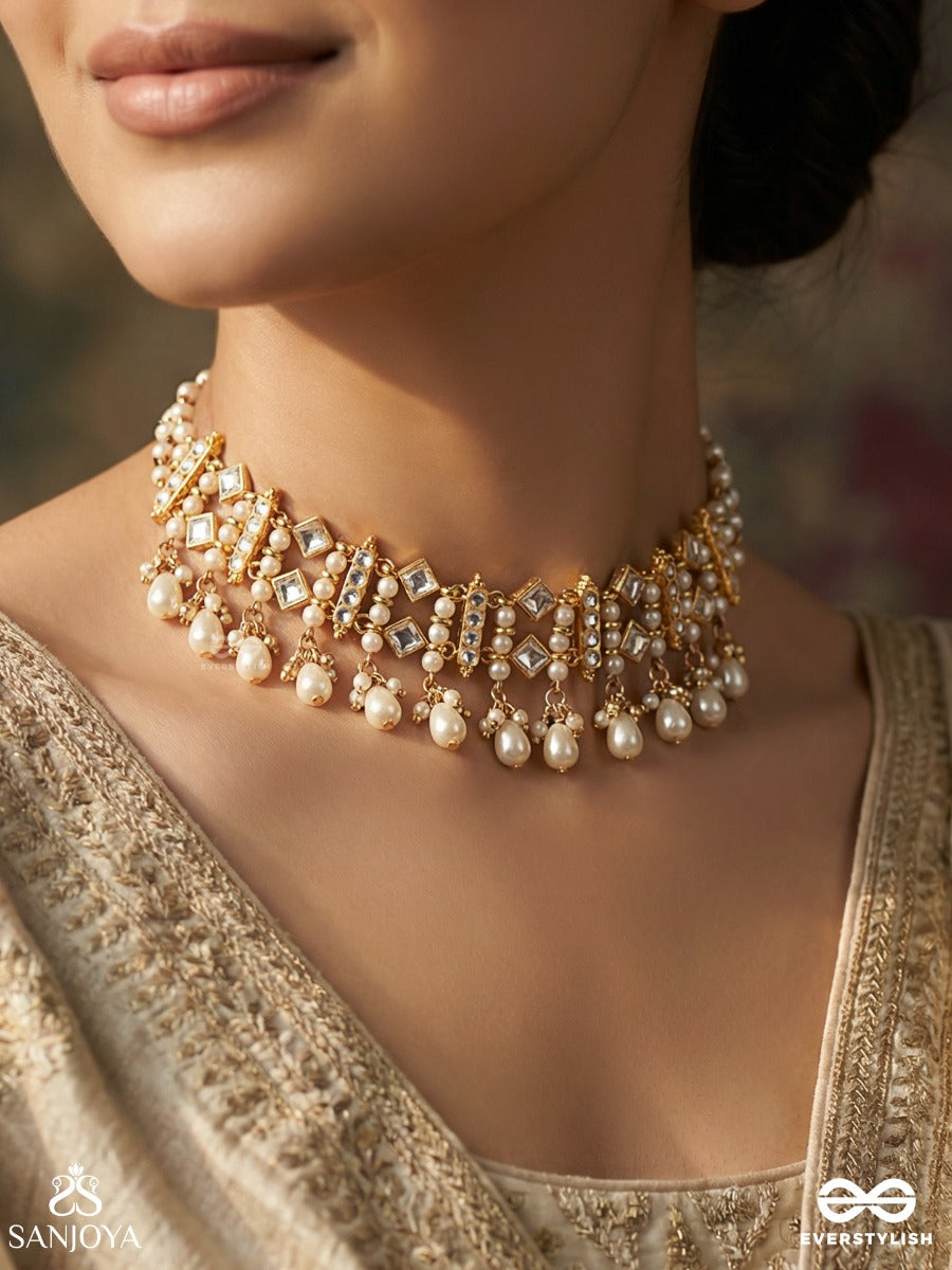 Vitanshri - Ornamental Spread - Statement Necklace With Geometric Panels, Crystal Details And Pearl Drop Fringe