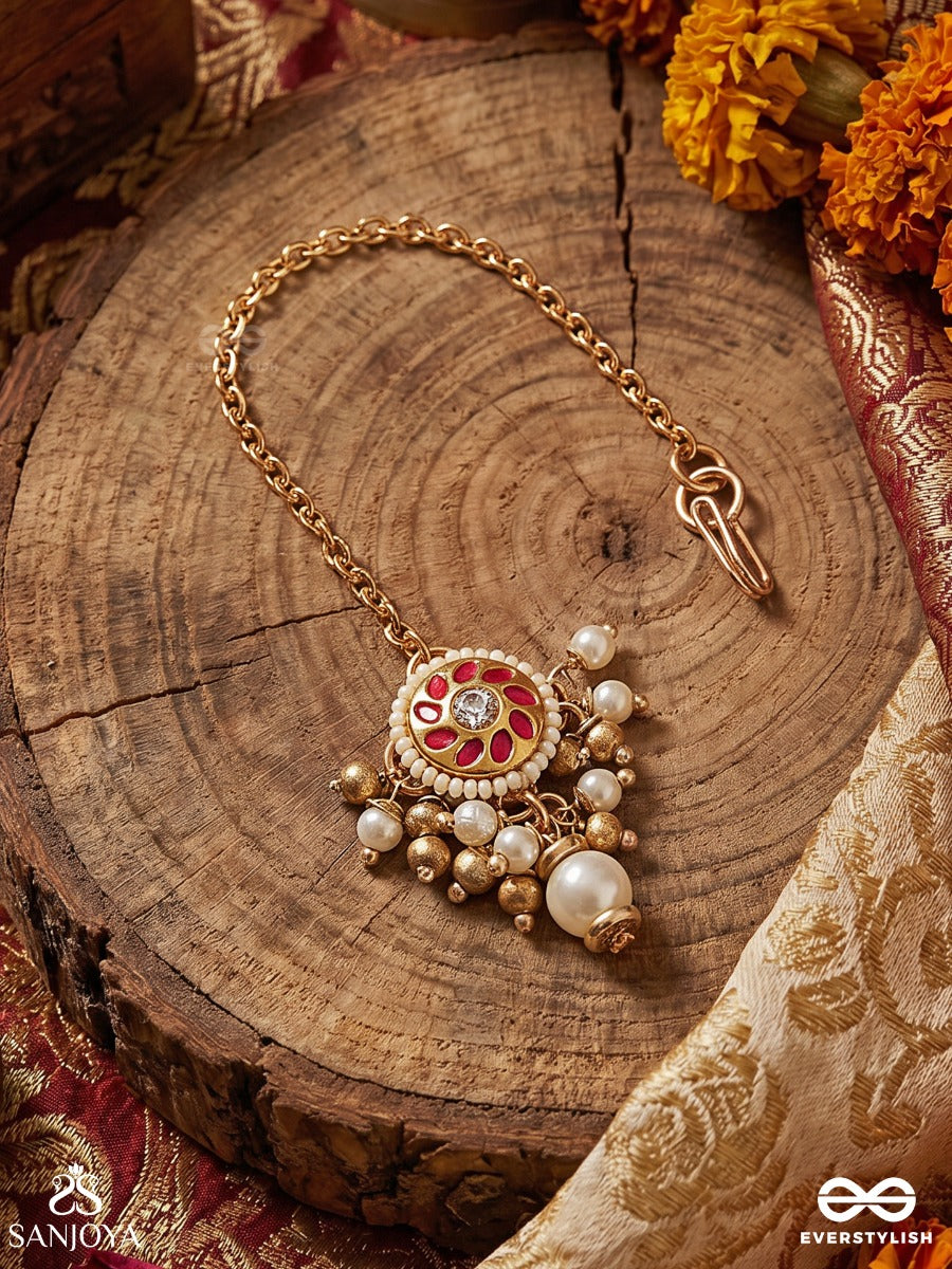 Vasupratika - Treasure Emblem - Delicate Maangtika With Enamelled Medallion, Gem Detailing And Pearl Drop Accent