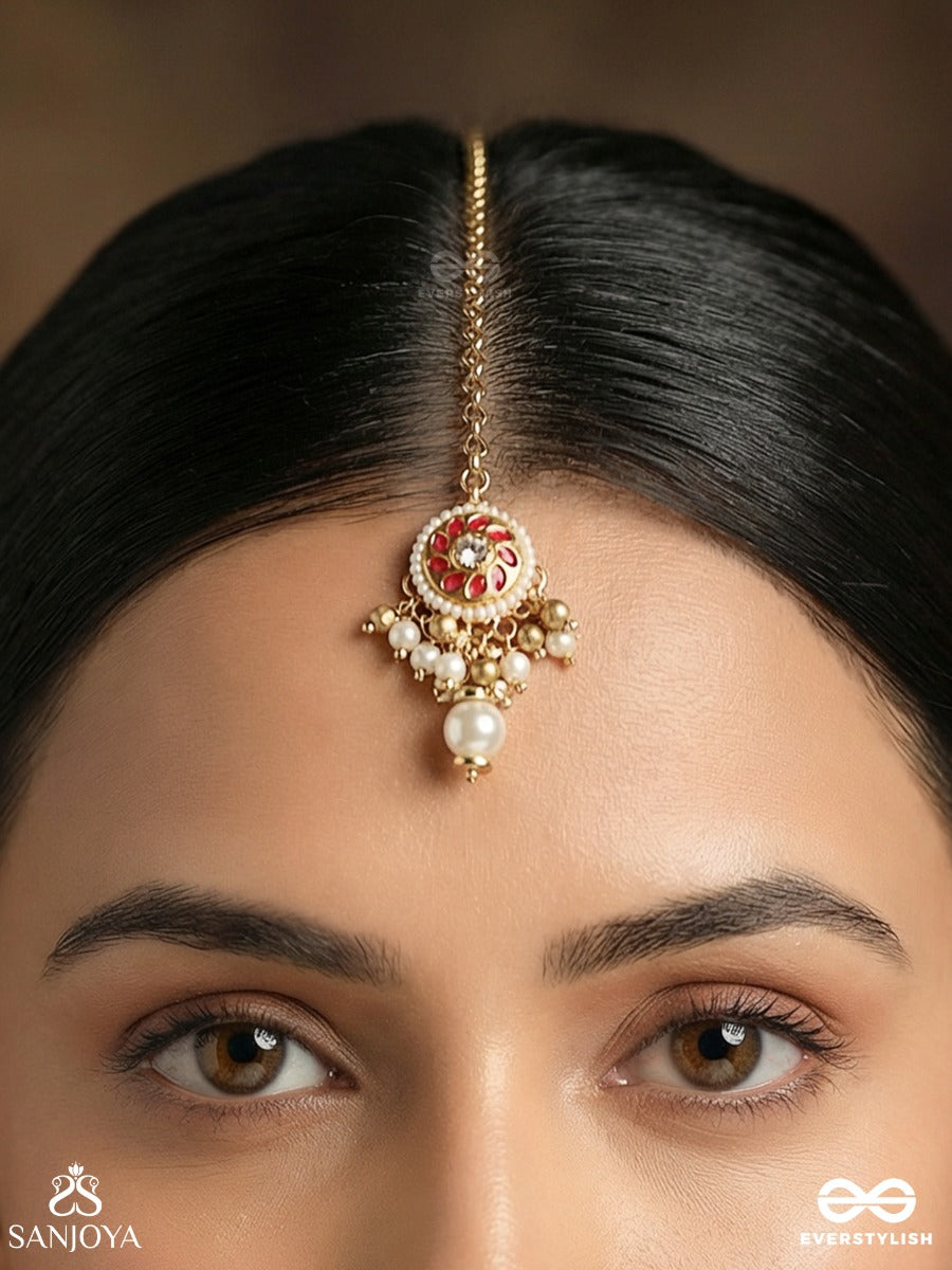 Vasupratika - Treasure Emblem - Delicate Maangtika With Enamelled Medallion, Gem Detailing And Pearl Drop Accent