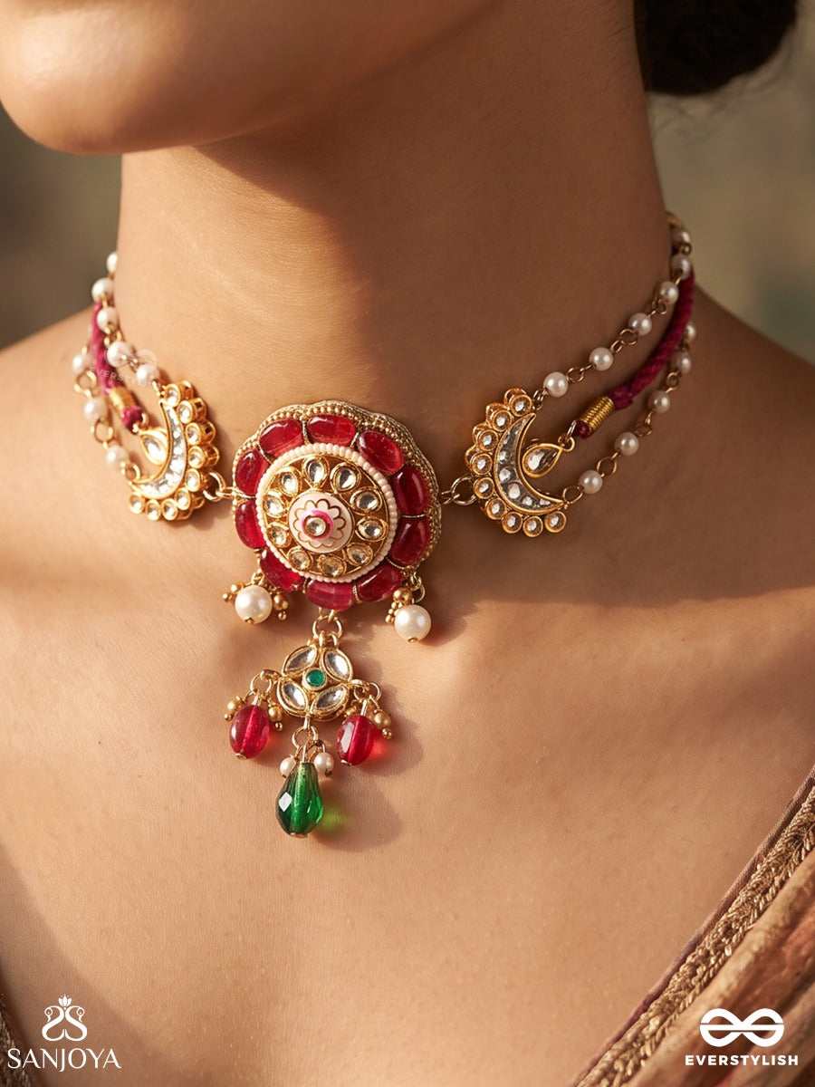 Padmaratika - Lotus Ornament - Festive Necklace With Floral Medallion, Layered Strands And Dangling Stone Accents
