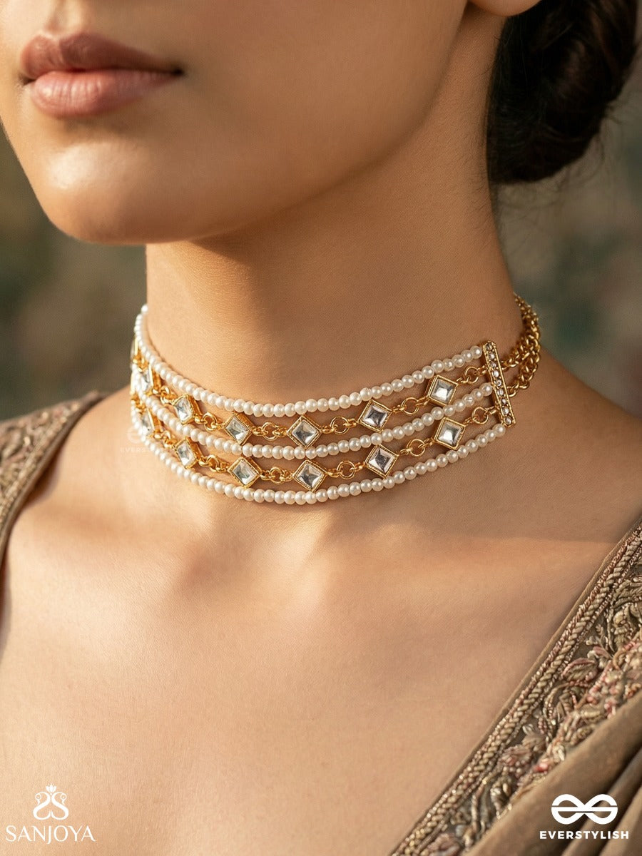 Jalatarangi - Ripple Pattern - Delicate Necklace With Criss-Cross Gold Frame And Pearl Grid Detail