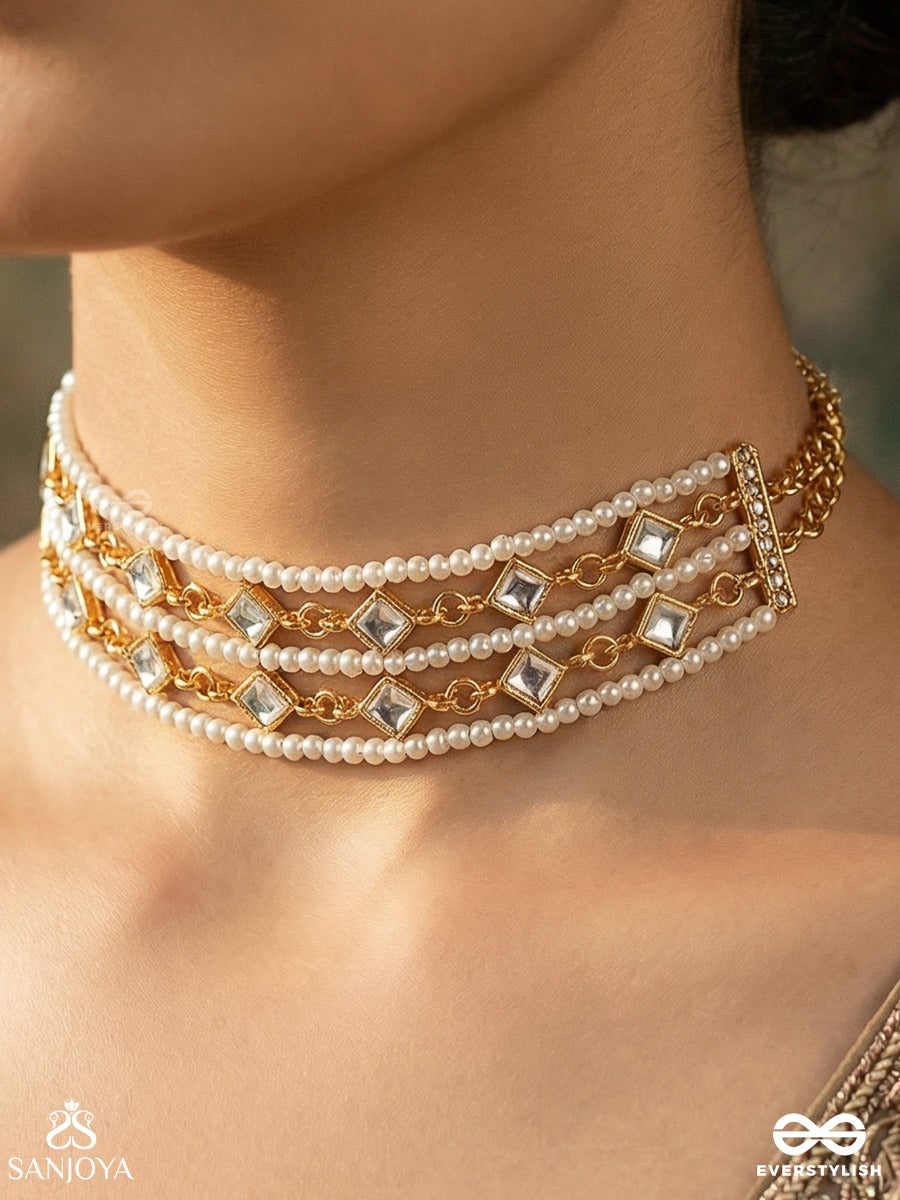 Jalatarangi - Ripple Pattern - Delicate Necklace With Criss-Cross Gold Frame And Pearl Grid Detail
