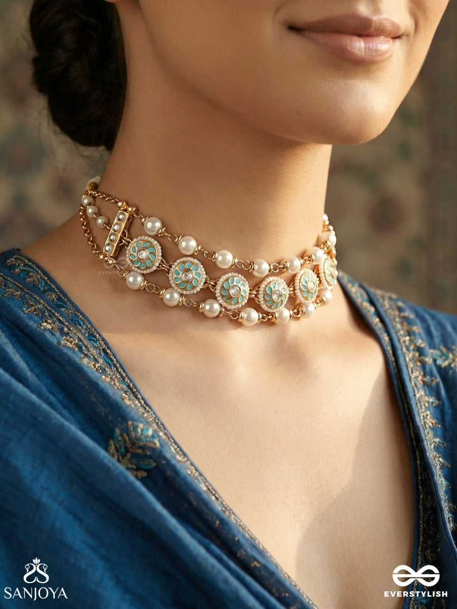 Saumyamudrika - Calm Seal - Delicate Necklace With Enamelled Motifs, Pearl Strands And Fringe Detail