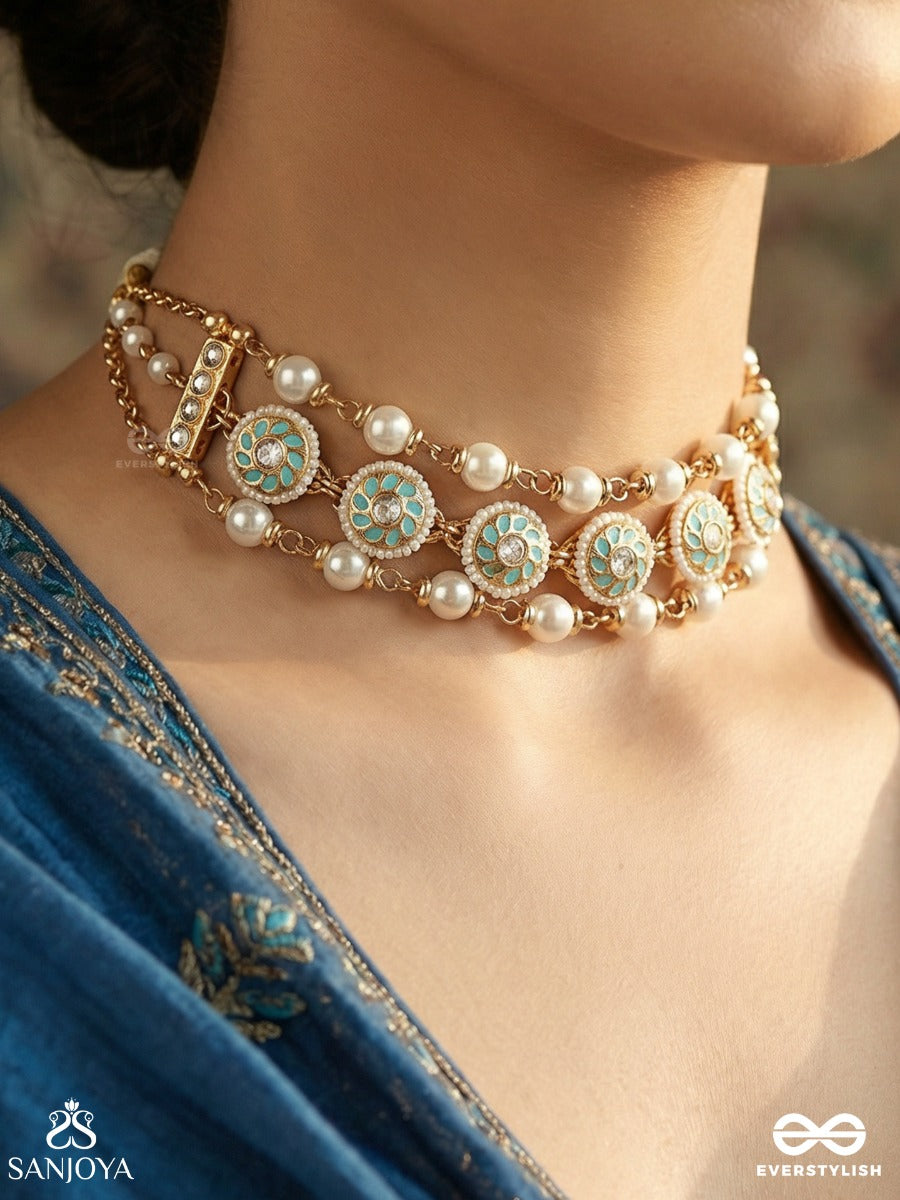 Saumyamudrika - Calm Seal - Delicate Necklace With Enamelled Motifs, Pearl Strands And Fringe Detail
