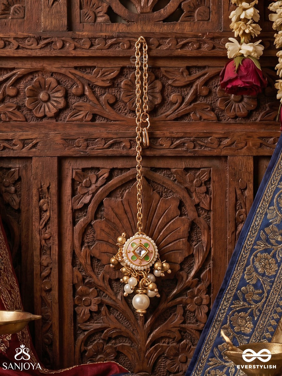 Kanakmudrika - Golden Seal - Decorative Maangtika With Enamel Panel And Drop Accents