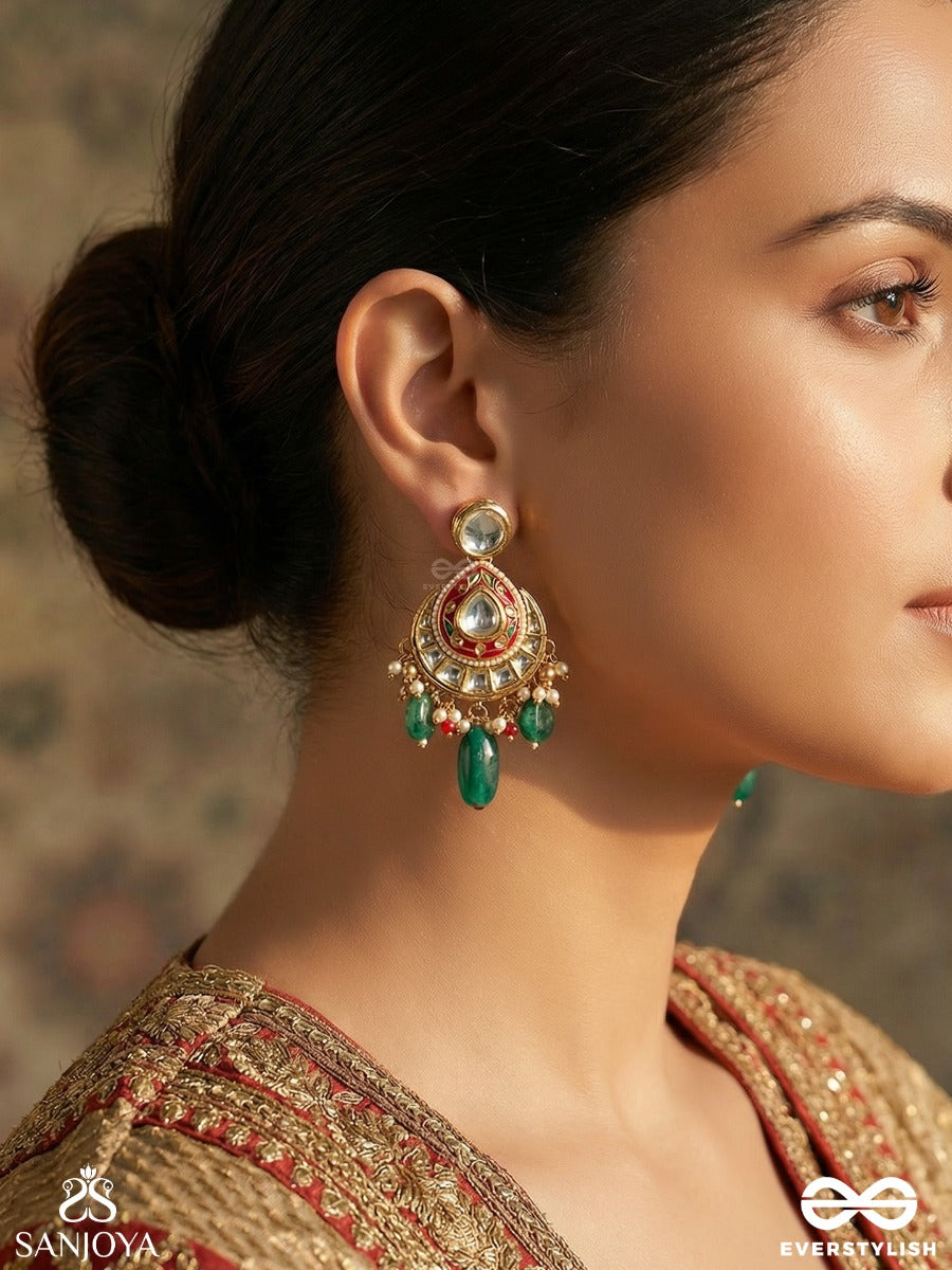 Haritratika - Green Adornment - Festive Necklace With Enamelled Centre, Layered Chains And Emerald Drop Accents
