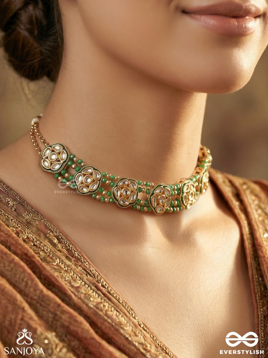 Marakatika - Emerald Essence - Statement Necklace With Beaded Strands And Ornate Medallion Motifs