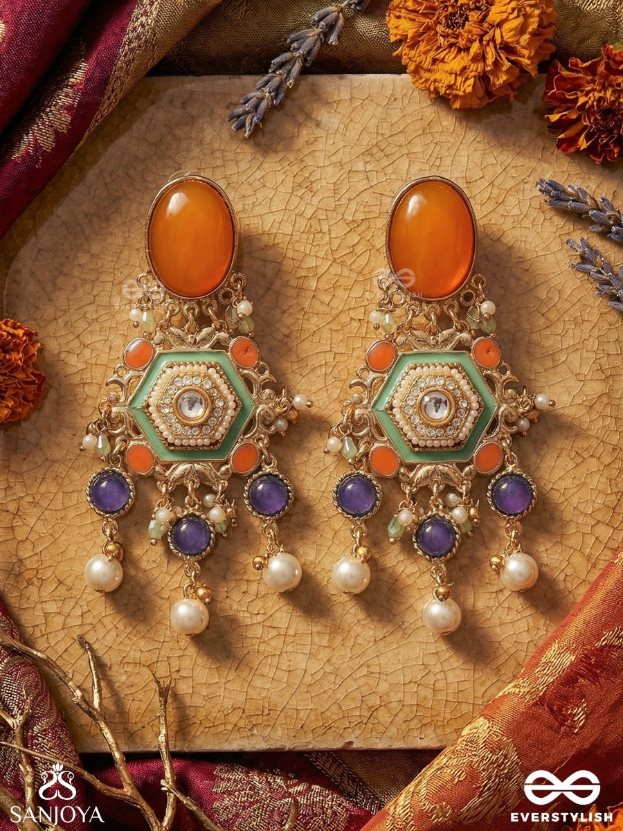Rangvarchita - Adorned In Colours - Statement Earrings With Enamelled Panel And Multi-Stone Drop Accents