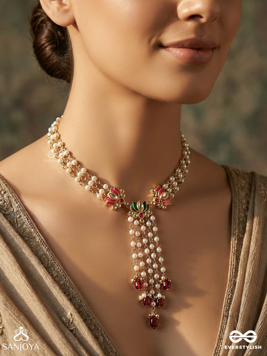 Ragamalini – Melodic Flow – Elegant Necklace With Ornamental Centre And Cascading Pearl Chains