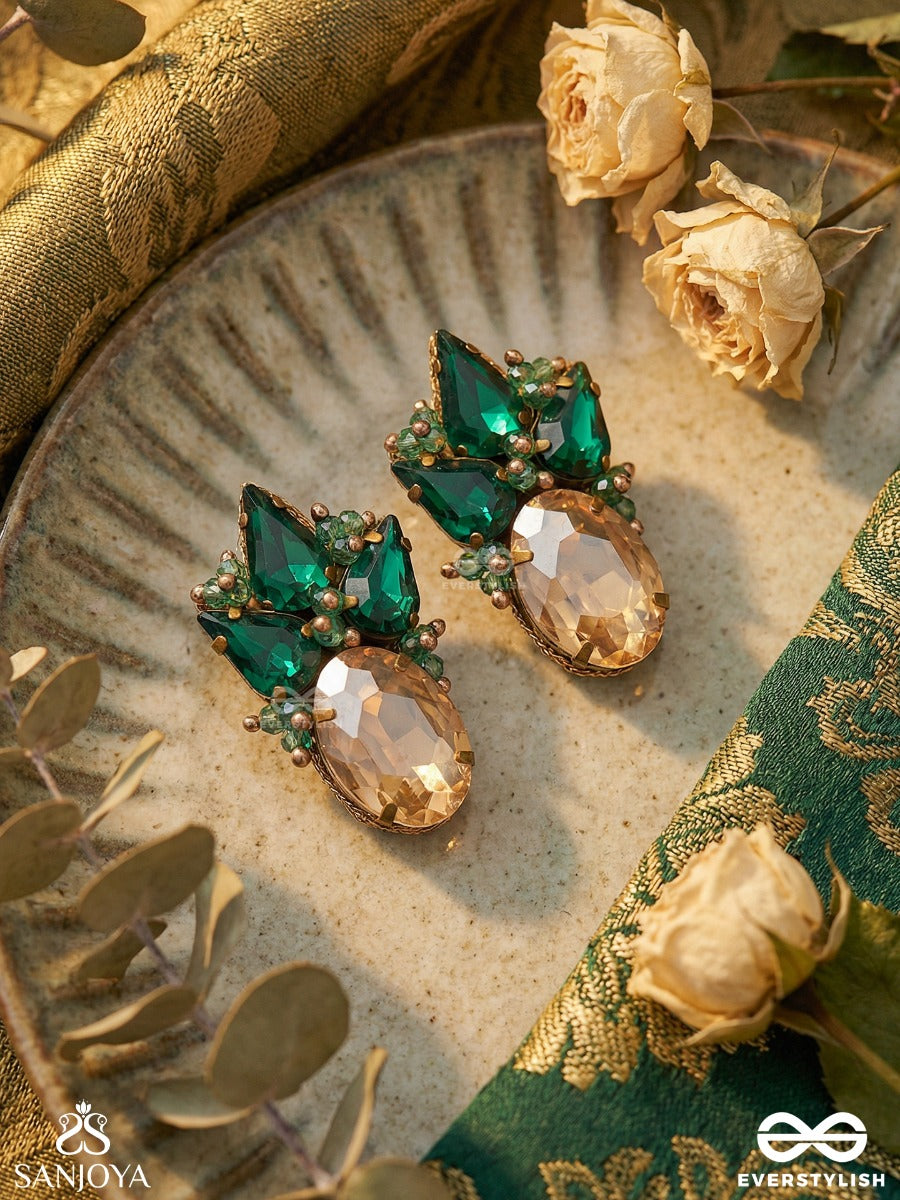 Maniphala - Jewelled Fruit - Ornate Earrings With Gem Cluster And Golden Stone Drop