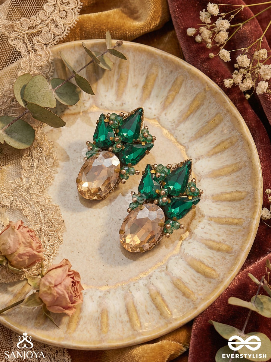 Maniphala - Jewelled Fruit - Ornate Earrings With Gem Cluster And Golden Stone Drop
