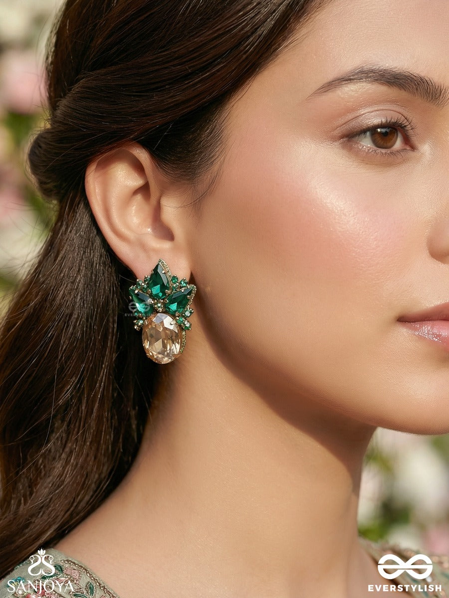 Maniphala - Jewelled Fruit - Ornate Earrings With Gem Cluster And Golden Stone Drop