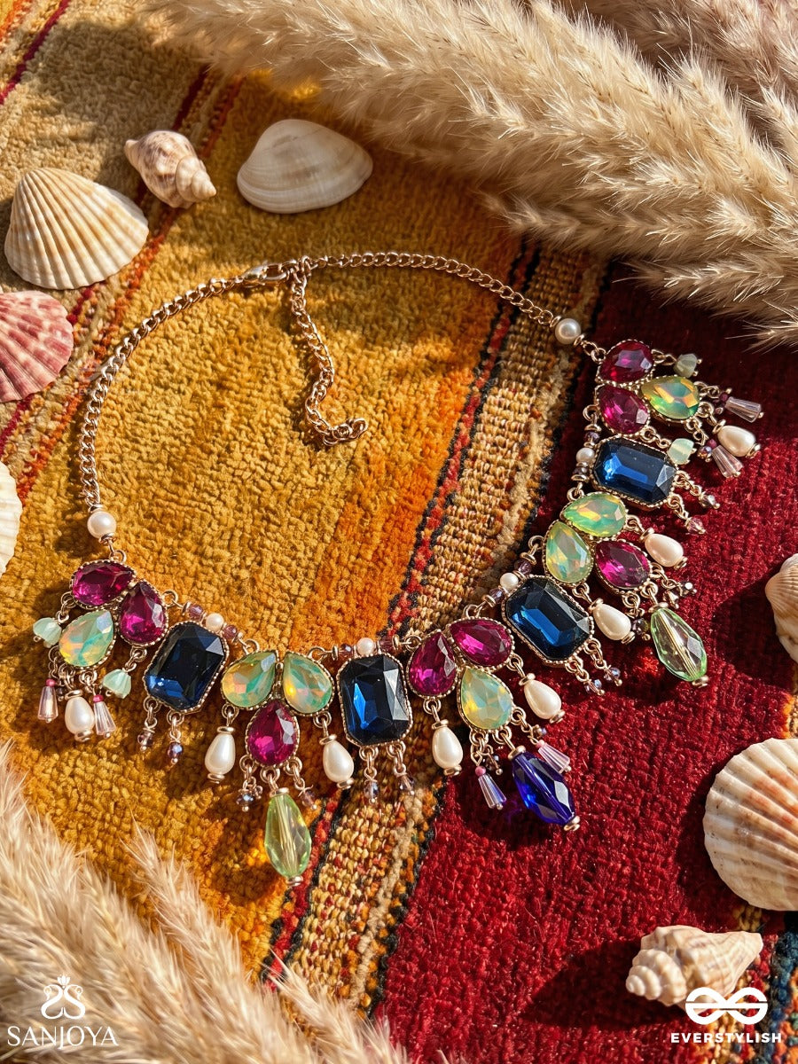 Manivarchini - Jewelled Splendour - Festive Necklace With Multi-Gem Arrangement, Ornamental Links And Dangling Drop Accents