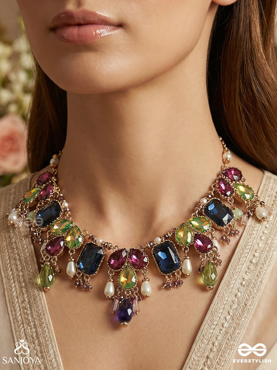Manivarchini - Jewelled Splendour - Festive Necklace With Multi-Gem Arrangement, Ornamental Links And Dangling Drop Accents