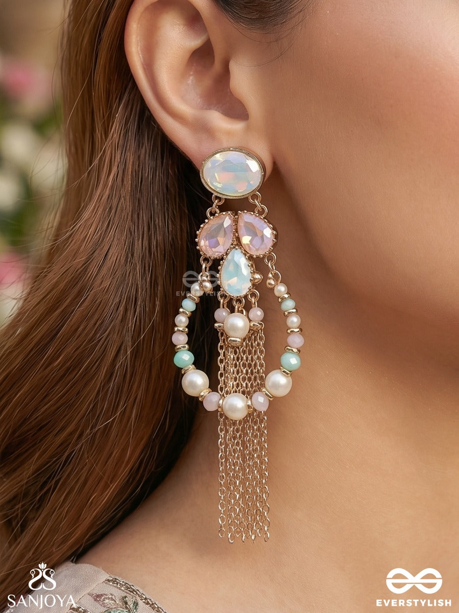 Neerlekha - Flowing Waters - Statement Earrings With Pastel Gem Cluster And Chain Tassel Cascade