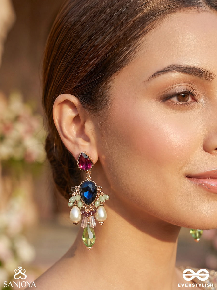 Tejovistara - Radiant Expanse - Ornate Earrings With Embellished Panel And Flowing Drop Details