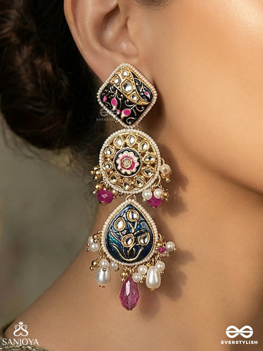 Aarshika - Sacred Form - Statement Earrings With Ornamental Panels And Dangling Drop Accents