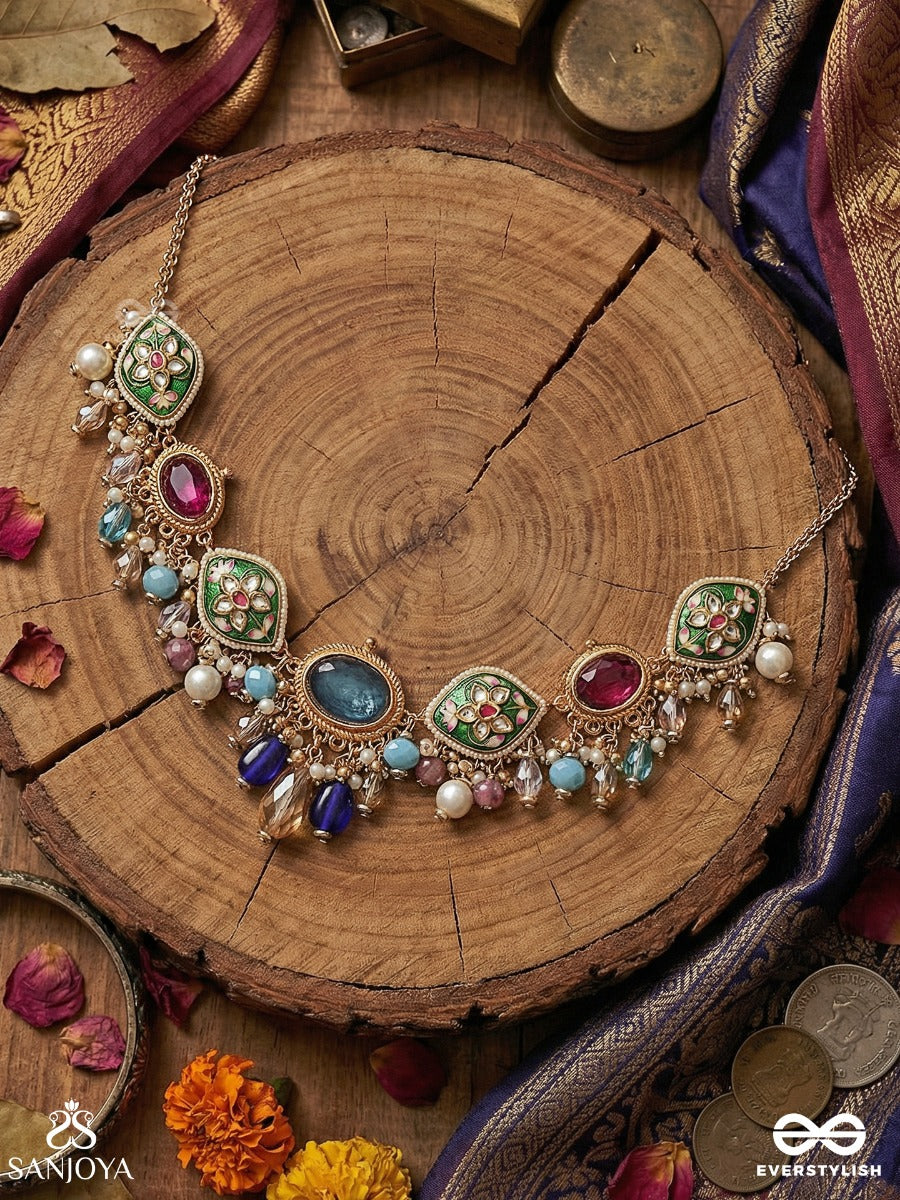 Vasulanchana - Treasure Mark - Festive Necklace With Multi-Gem Settings, Ornate Centre And Colourful Drop Accents
