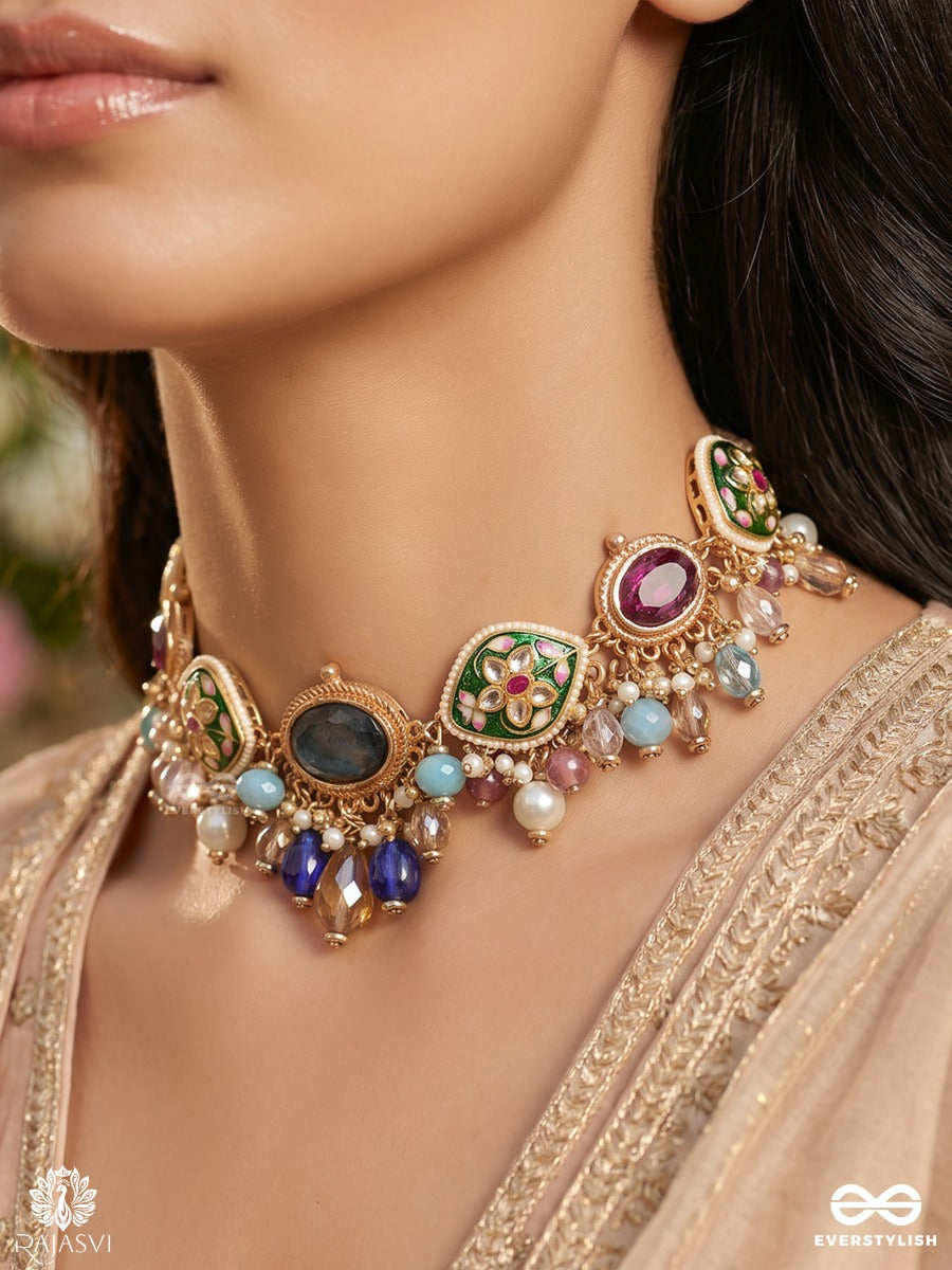Vasulanchana - Treasure Mark - Festive Necklace With Multi-Gem Settings, Ornate Centre And Colourful Drop Accents