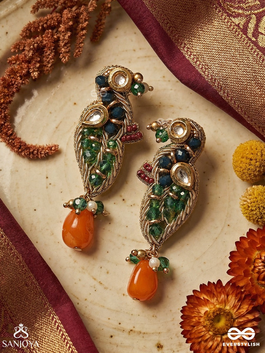 Mayurakshi - Peacock-Eyed Beauty - Statement Earrings With Bird Motif, Gemmed Body And Dangling Red Drop