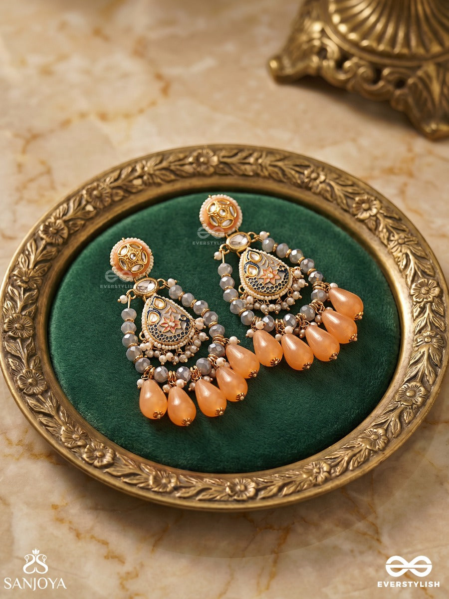Komalraga - Soft Hues - Ornate Earrings With Enamelled Teardrop Design And Multi-Drop Details