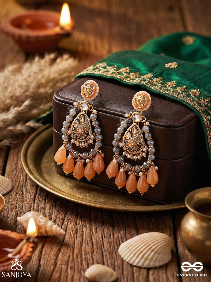 Komalraga - Soft Hues - Ornate Earrings With Enamelled Teardrop Design And Multi-Drop Details