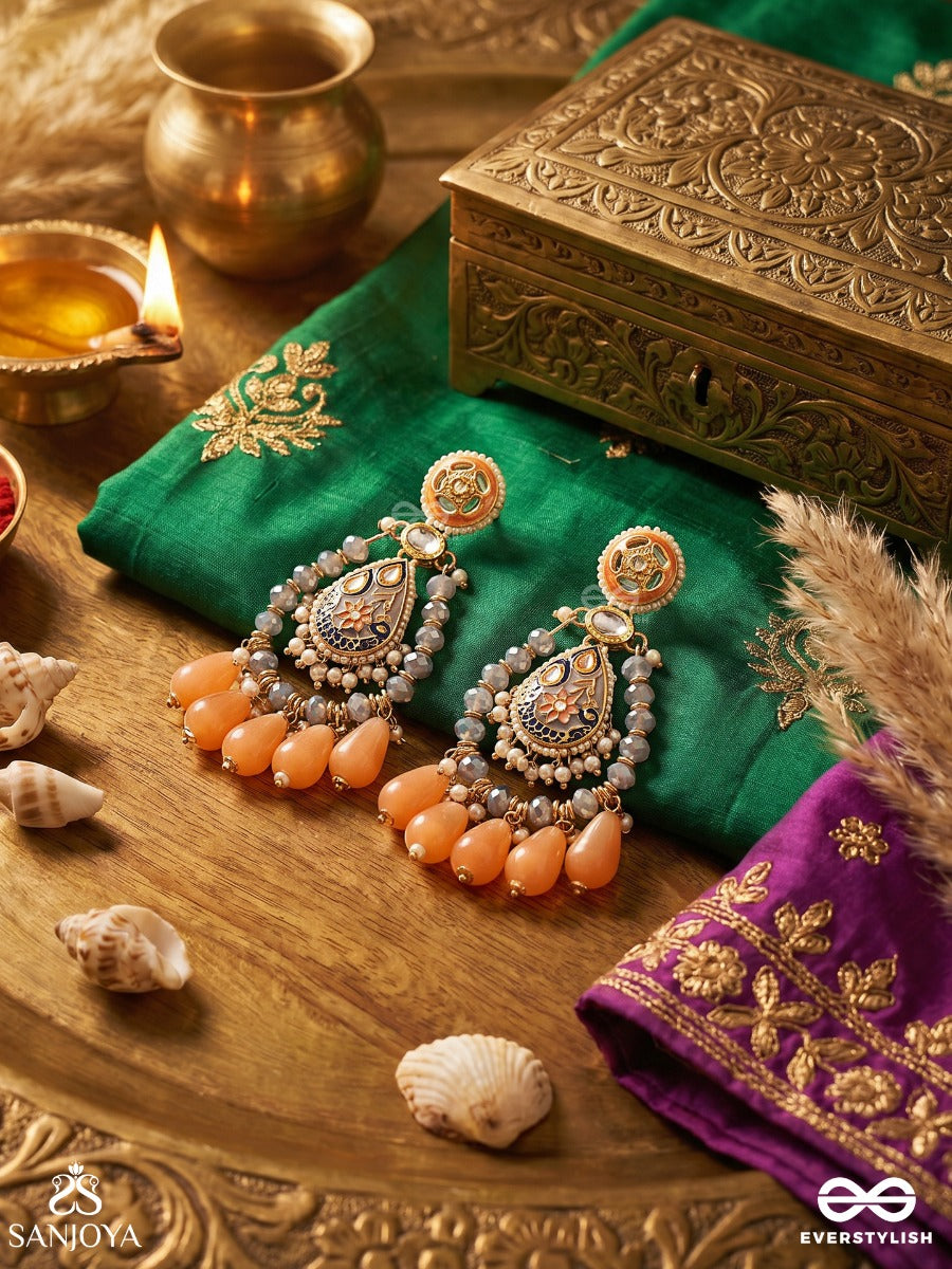 Komalraga - Soft Hues - Ornate Earrings With Enamelled Teardrop Design And Multi-Drop Details