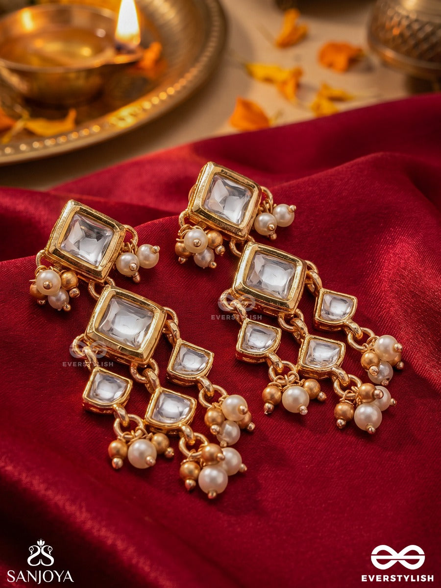 Ratnajaal - Jewelled Lattice - Ornate Earrings With Layered Diamond Shapes And Multi-Drop Pearl Details