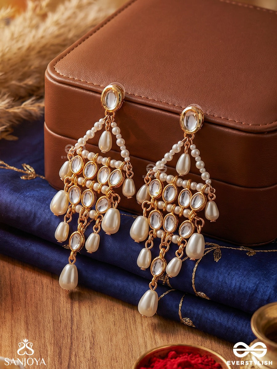 Muktapatra - Pearl Cascade - Ornate Earrings With Gemmed Panel, Pearl Strands And Multi-Drop Accents