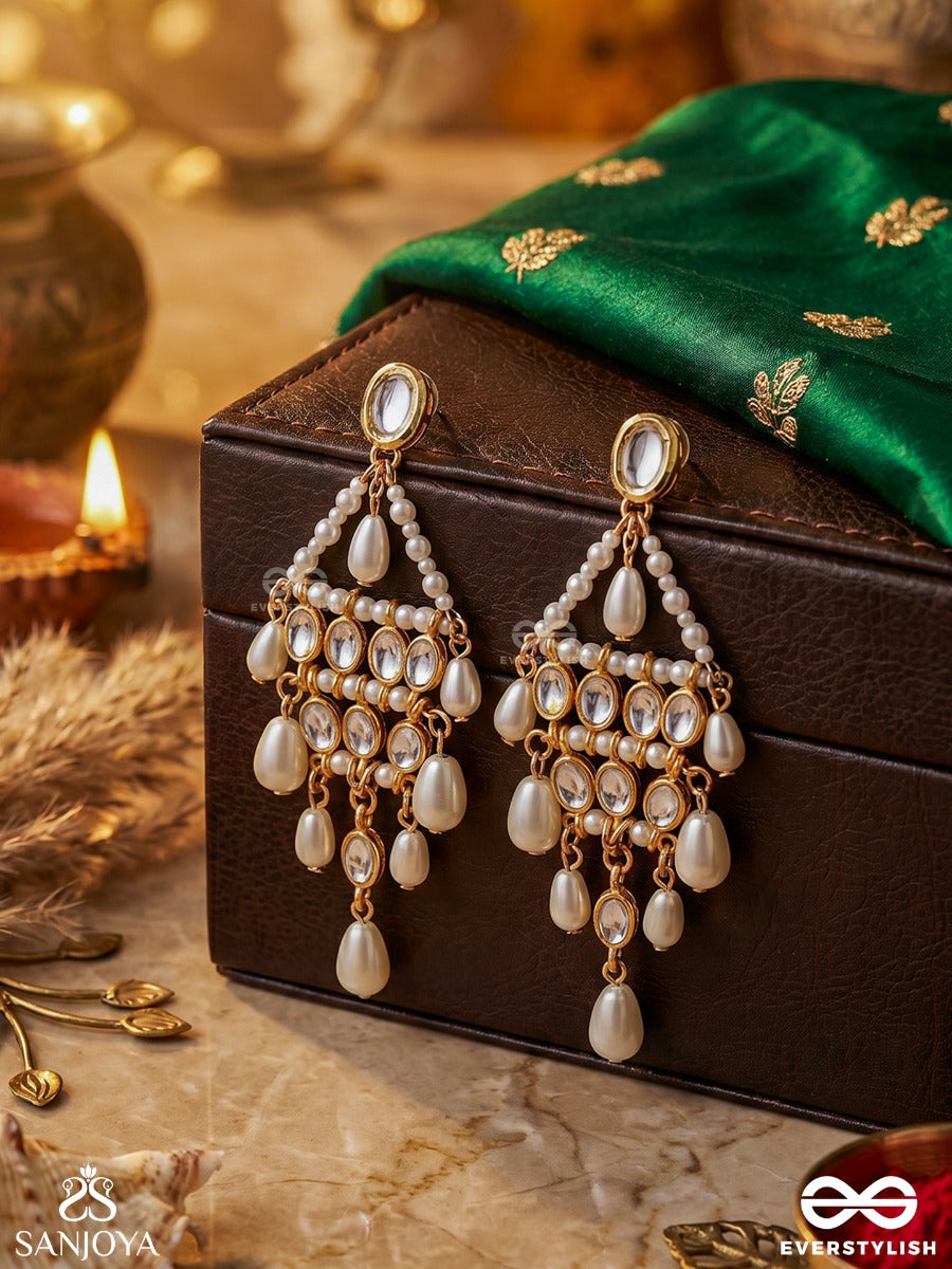 Muktapatra - Pearl Cascade - Ornate Earrings With Gemmed Panel, Pearl Strands And Multi-Drop Accents