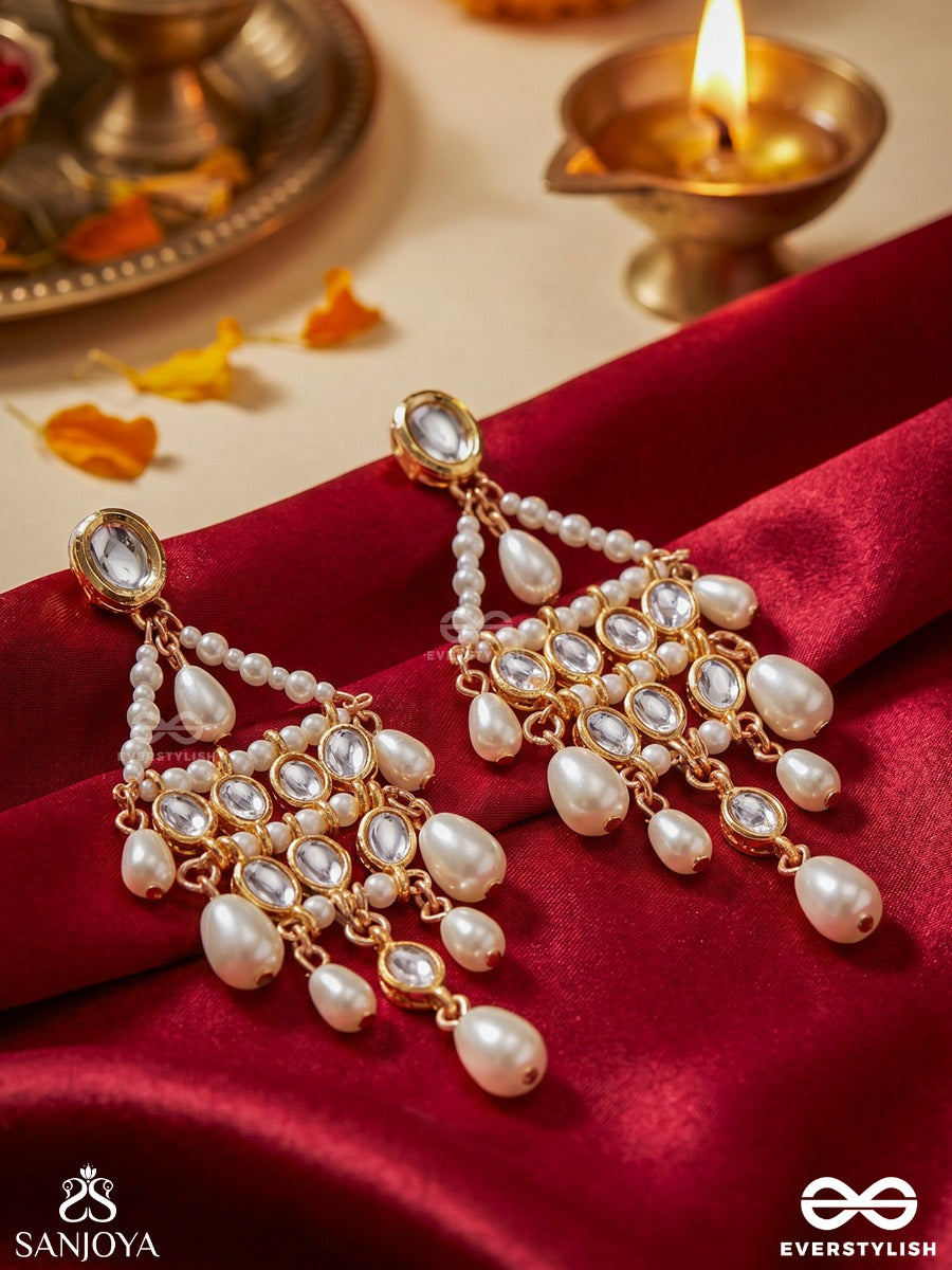 Muktapatra - Pearl Cascade - Ornate Earrings With Gemmed Panel, Pearl Strands And Multi-Drop Accents