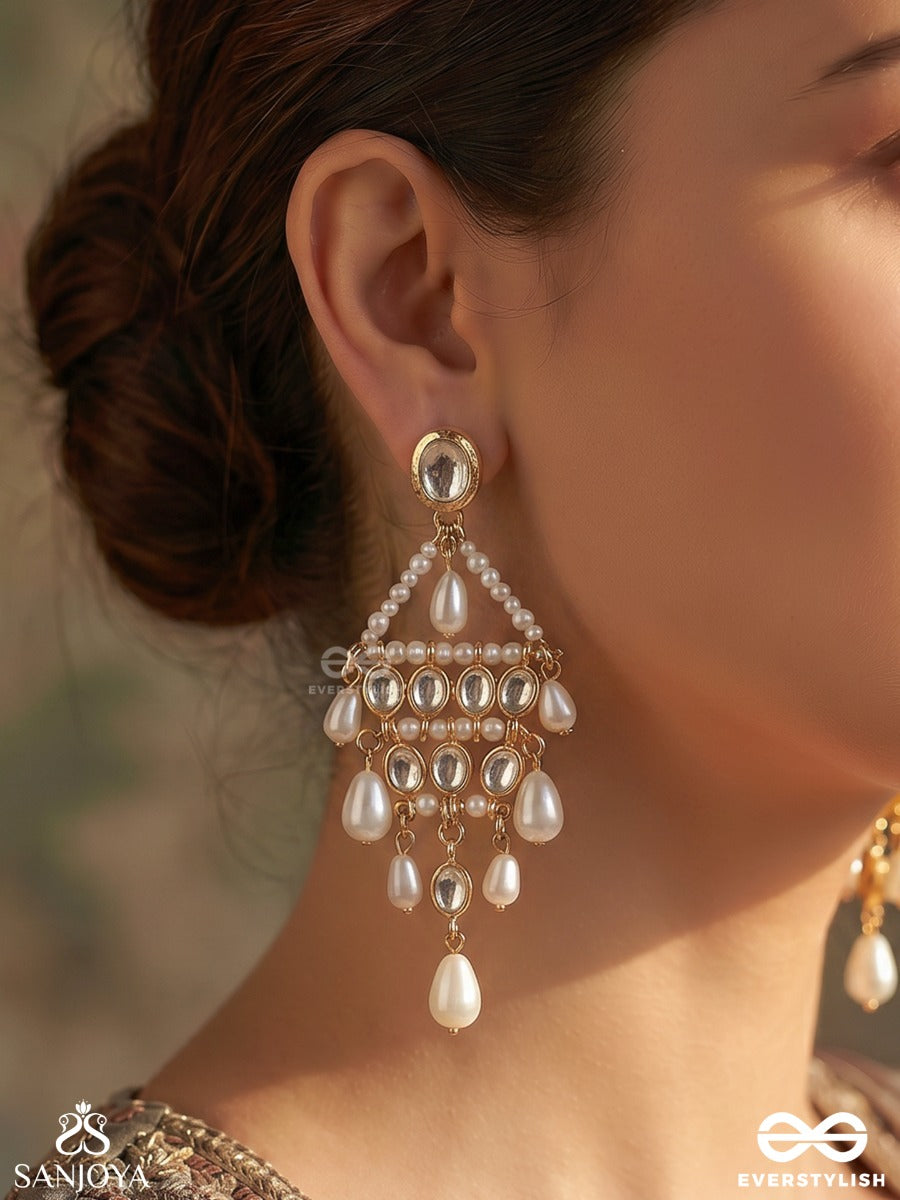 Muktapatra - Pearl Cascade - Ornate Earrings With Gemmed Panel, Pearl Strands And Multi-Drop Accents