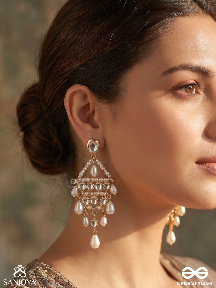 Muktapatra - Pearl Cascade - Ornate Earrings With Gemmed Panel, Pearl Strands And Multi-Drop Accents