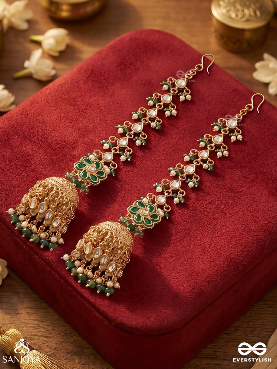 Kiranmayuri – Radiant Peacock –  Elegant Earrings With Connected Earchain And Ornamental Jhumka Design