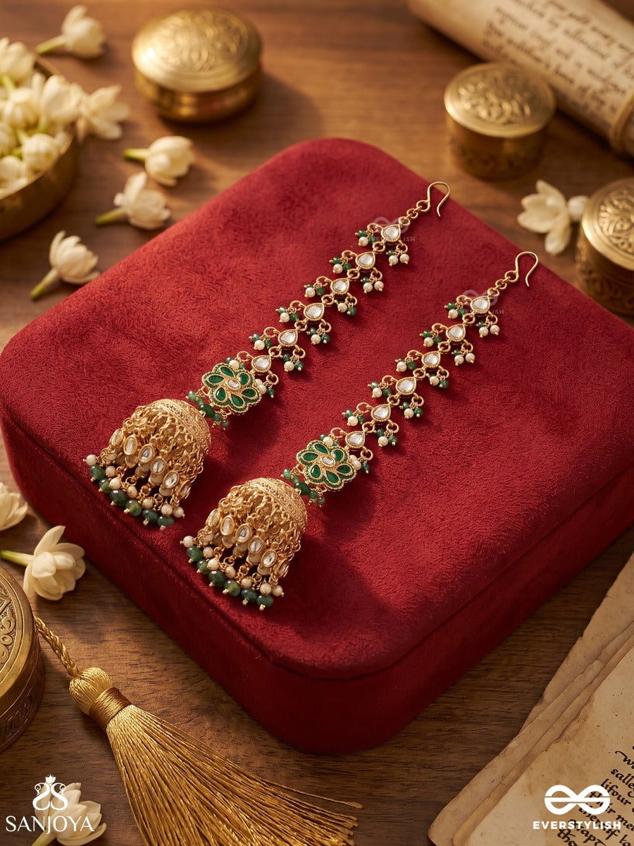 Kiranmayuri – Radiant Peacock –  Elegant Earrings With Connected Earchain And Ornamental Jhumka Design