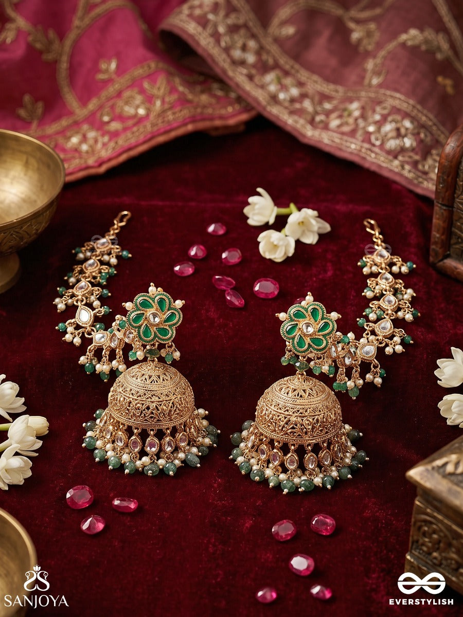 Kiranmayuri – Radiant Peacock –  Elegant Earrings With Connected Earchain And Ornamental Jhumka Design