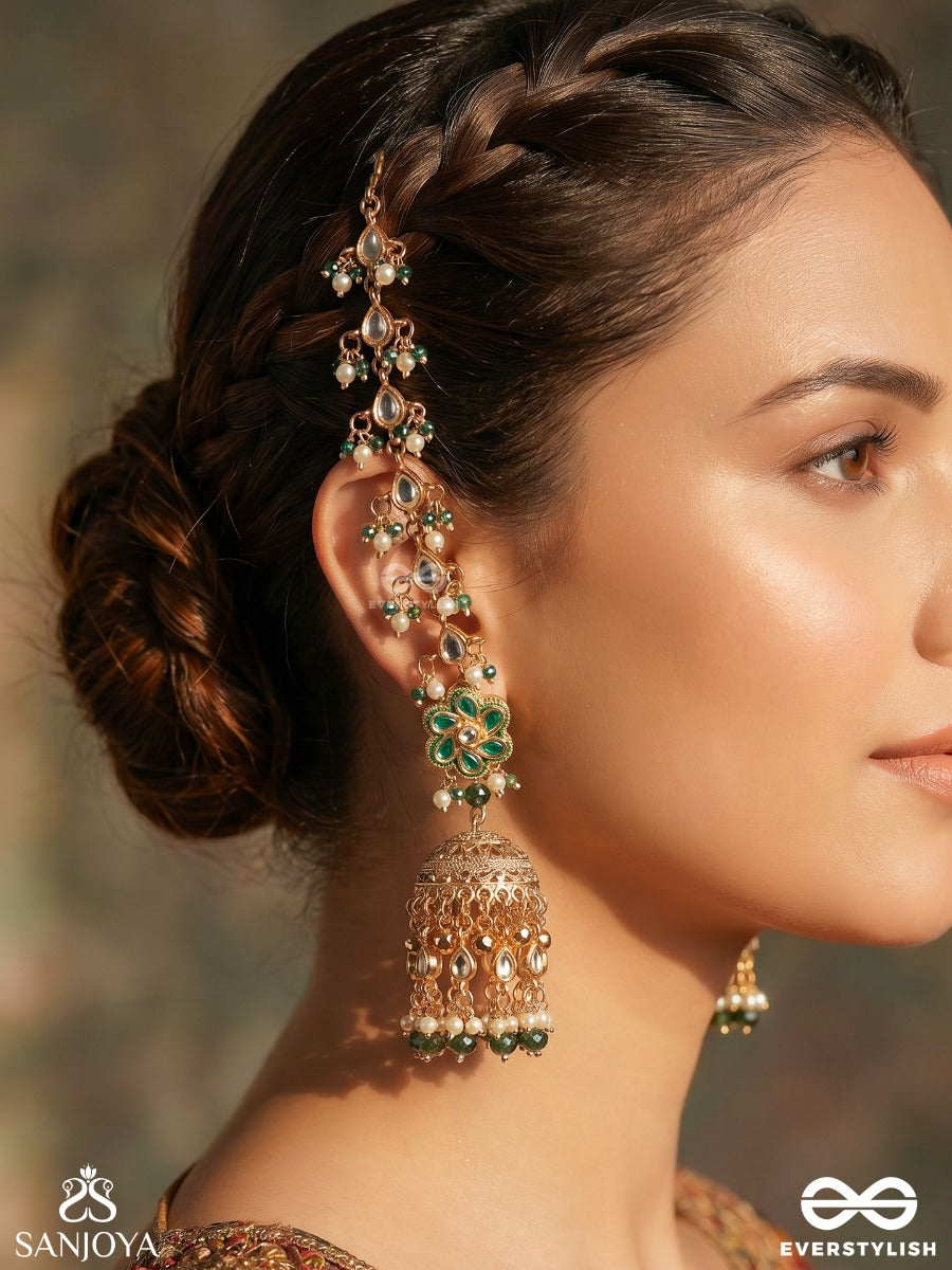Kiranmayuri – Radiant Peacock –  Elegant Earrings With Connected Earchain And Ornamental Jhumka Design
