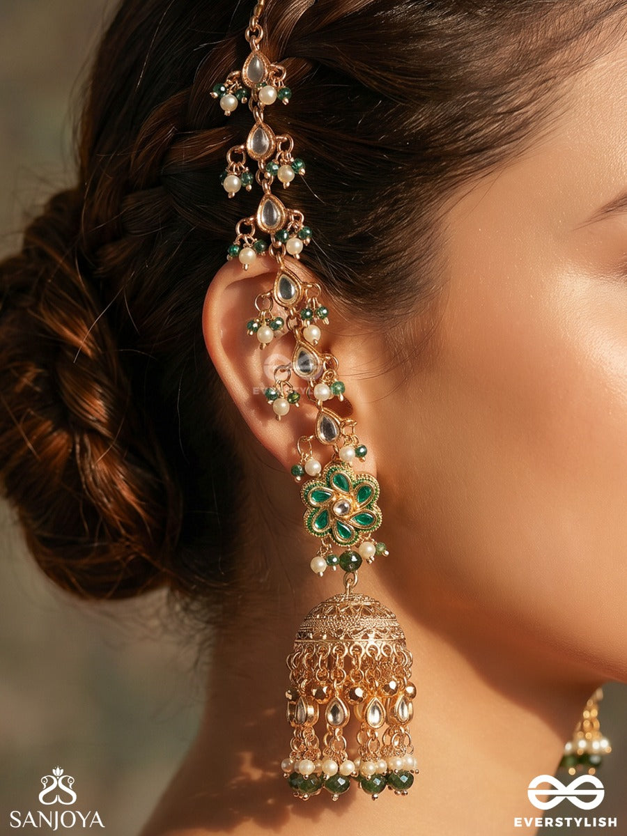 Kiranmayuri – Radiant Peacock –  Elegant Earrings With Connected Earchain And Ornamental Jhumka Design