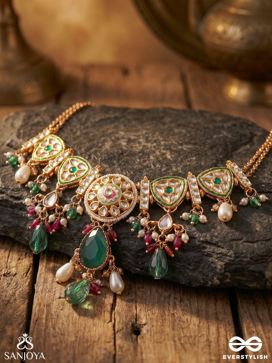 Quasira – Radiant Charm – Festive Necklace With Ornamental Panels And Dangling Gem Accents