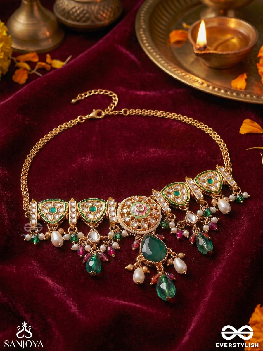 Quasira – Radiant Charm – Festive Necklace With Ornamental Panels And Dangling Gem Accents