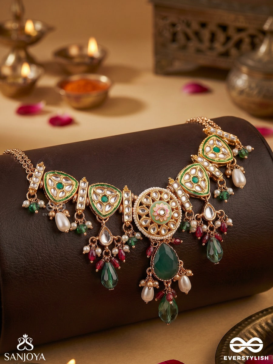 Quasira – Radiant Charm – Festive Necklace With Ornamental Panels And Dangling Gem Accents